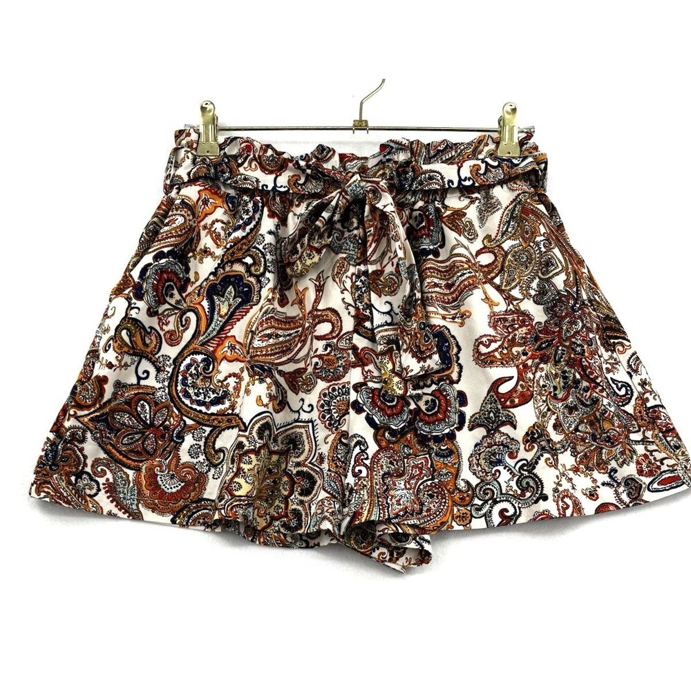 Bohemian Womens Ivory Paisley Print Paperbag Waist Tie Shorts Cowgirl Chic Large